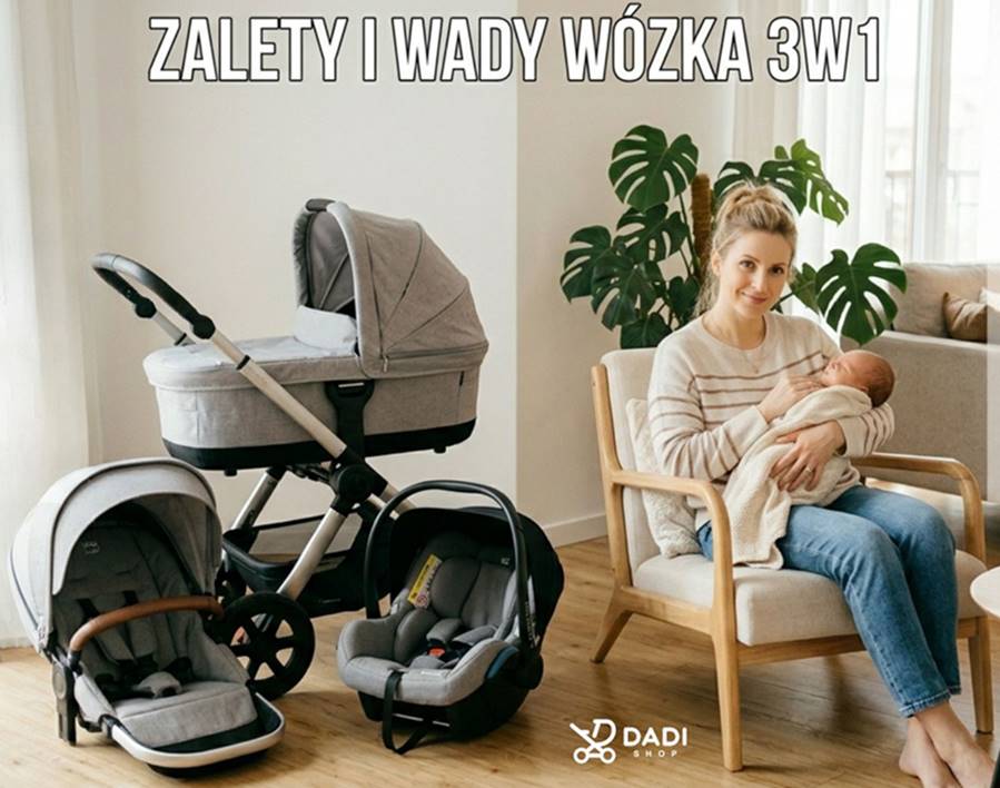 Zestaw wózka 3w1 – gondola, spacerówka i fotelik oraz mama z niemowlęciem w domu.